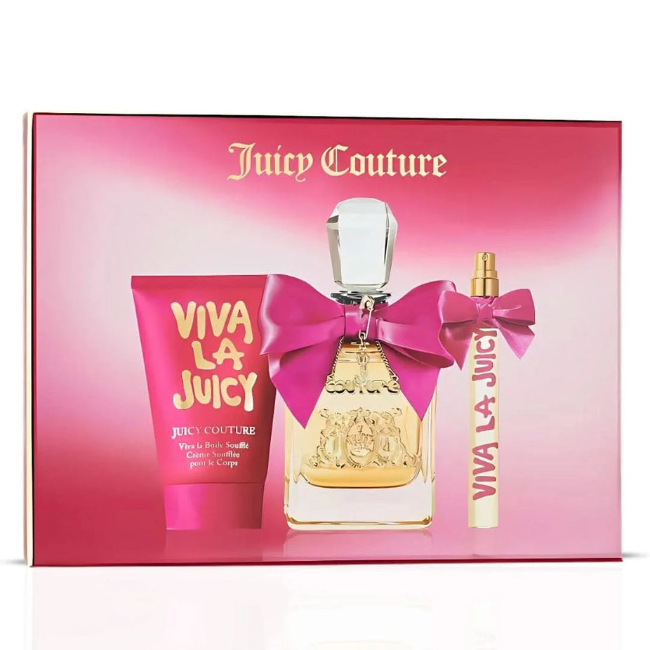 Viva La Juicy gift set with 1.7 oz Eau de Parfum, 4.2 oz body souffle, and 0.33 oz EDP by Juicy Couture, displayed together.
