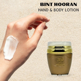 Bint Hooran hand and body lotion by Ard Al Zaafaran in a 45ml bottle, featuring elegant packaging and a smooth lotion texture.