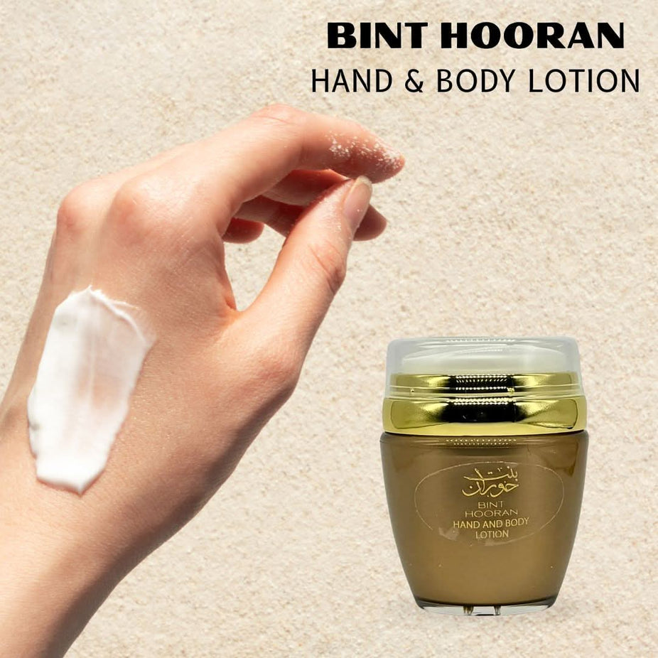 Bint Hooran hand and body lotion by Ard Al Zaafaran in a 45ml bottle, featuring elegant packaging and a smooth lotion texture.