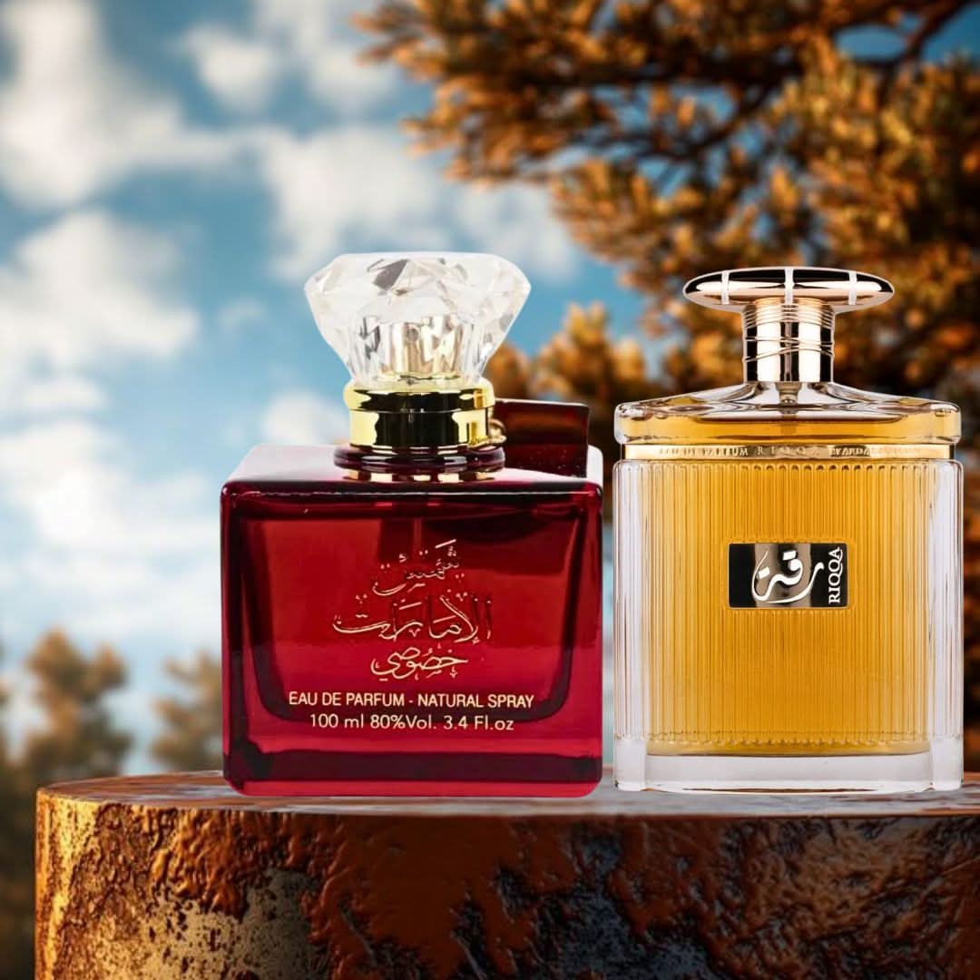 Bundle of Ard Al Zaafaran Riqqa & Shams Al Emarat Khususi Eau de Parfum sprays, featuring two 100ml bottles with elegant packaging.