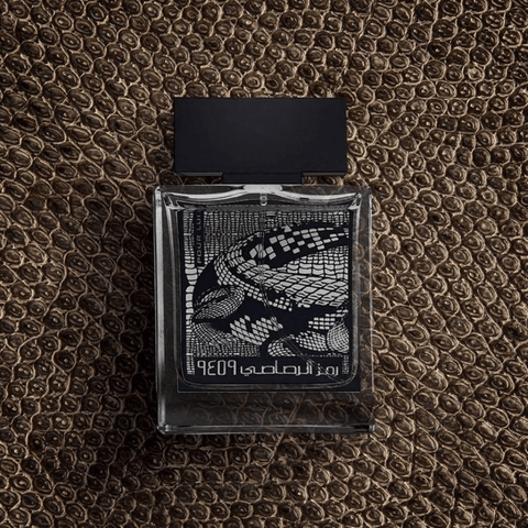 Rasasi Rumz Al Rasasi 9459 Alligator Pour Lui EDP for Men in a 50ML bottle with a velvet pouch.