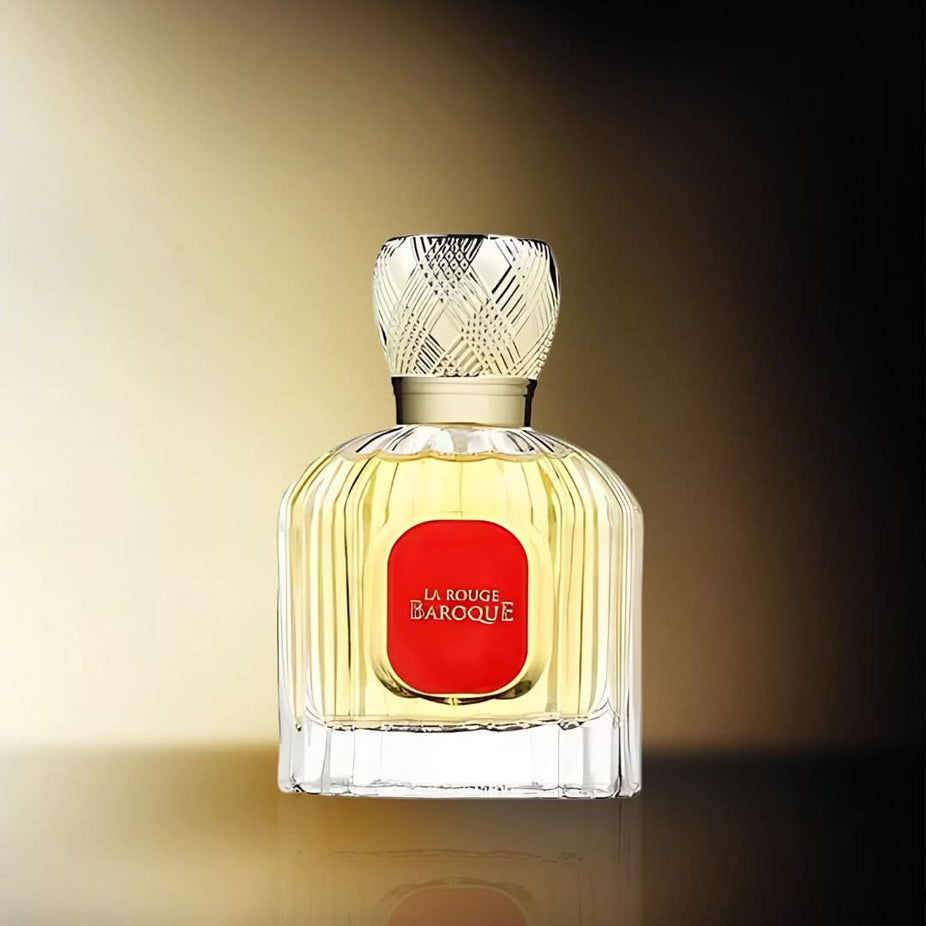 Maison Alhambra La Rouge Baroque Eau de Parfum spray, 100ml bottle with ornate design and elegant fragrance presentation.