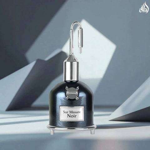 Lattafa Pride Sur Mesure Noir Eau De Parfum spray bottle, 100ml, with sleek black packaging and elegant design.