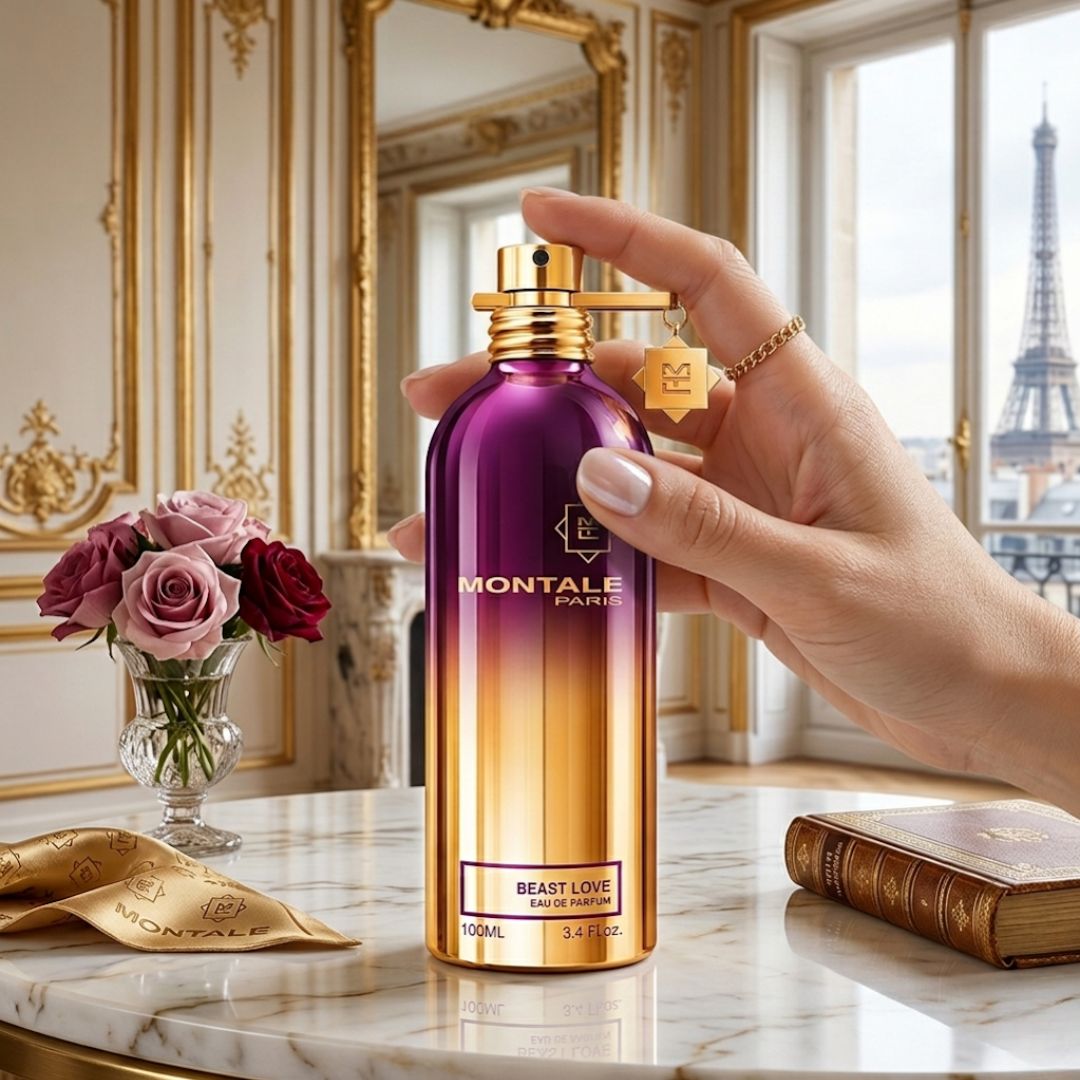 Montale Beast Love Eau de Parfum spray bottle, 100ml, with sleek packaging and brand logo visible.