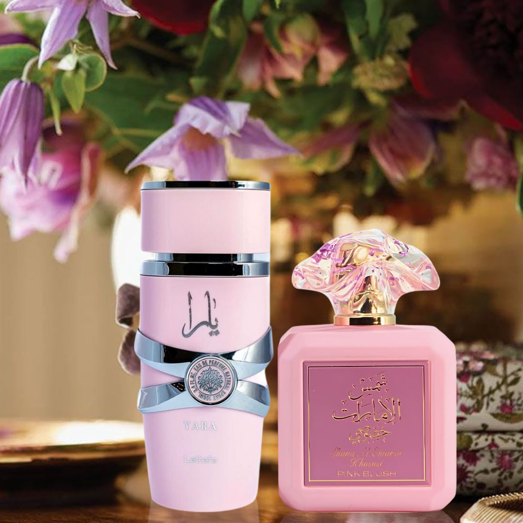 Yara EDP Spray by Lattafa & Pink Blush Shams Al Emarat Khususi EDP Spray by Ard Al Zaafaran - 100ML (3.4 OZ) | A Sweet & Playful Bundle of Tropical Florals & Creamy Gourmand Notes. (Bundle) - Intense Oud