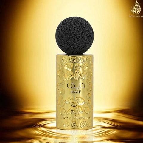 Ard Al Zaafaran Naif Eau de Parfum spray 100ml with velvet pouch, showcasing the elegant perfume bottle and packaging.