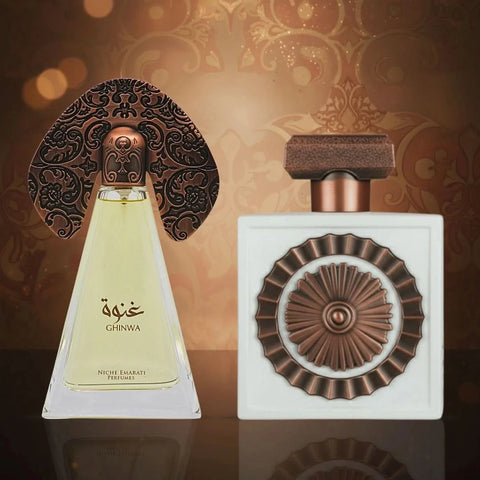 Lattafa Niche Emarati Ghinwa & Nebras Eau de Parfum sprays 100ml, featuring elegant bottles with floral and oriental perfume designs.