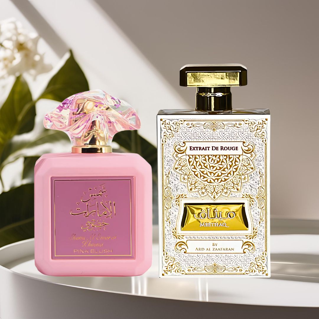 Pink Blush Shams Al Emarat Khususi & Meethaq Extrait De Rouge Eau De Parfum Sprays 100ML (3.4 OZ) by Ard Al Zaafaran | A Delightful Bundle of Sweet & Cozy Scents. (Bundle) - Intense Oud