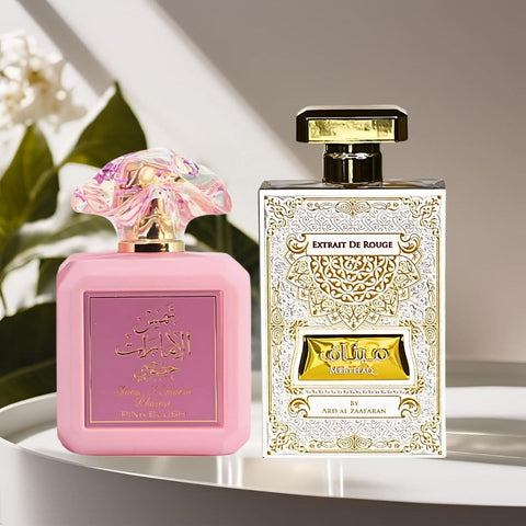 Bundle of Ard Al Zaafaran Pink Blush Shams Al Emarat and Meethaq Extrait De Rouge Eau de Parfum sprays, 100ml bottles.