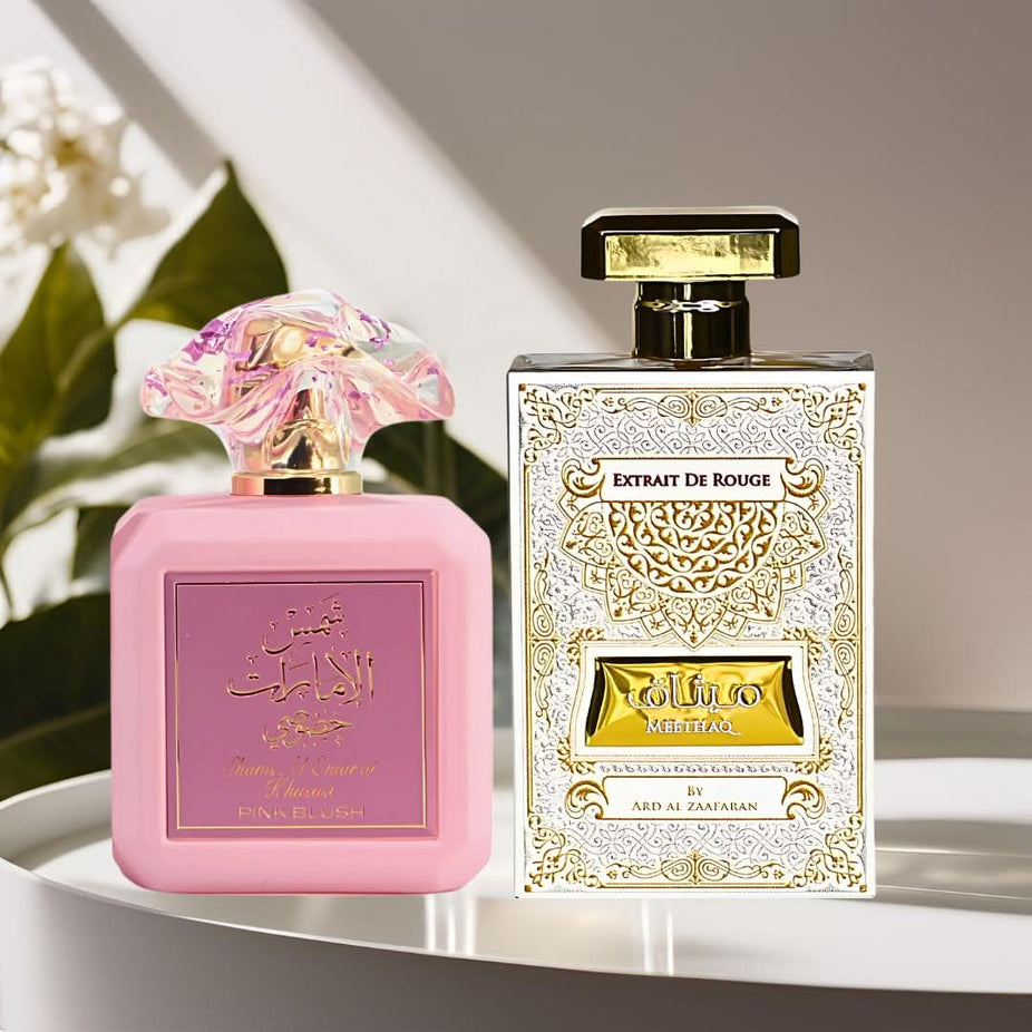 Bundle of Ard Al Zaafaran Pink Blush Shams Al Emarat and Meethaq Extrait De Rouge Eau de Parfum sprays, 100ml bottles.