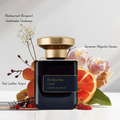 Burgundy Oud Extrait de Parfum spray by Atelier Materi, 50ml bottle, elegant packaging with dark burgundy and gold accents.