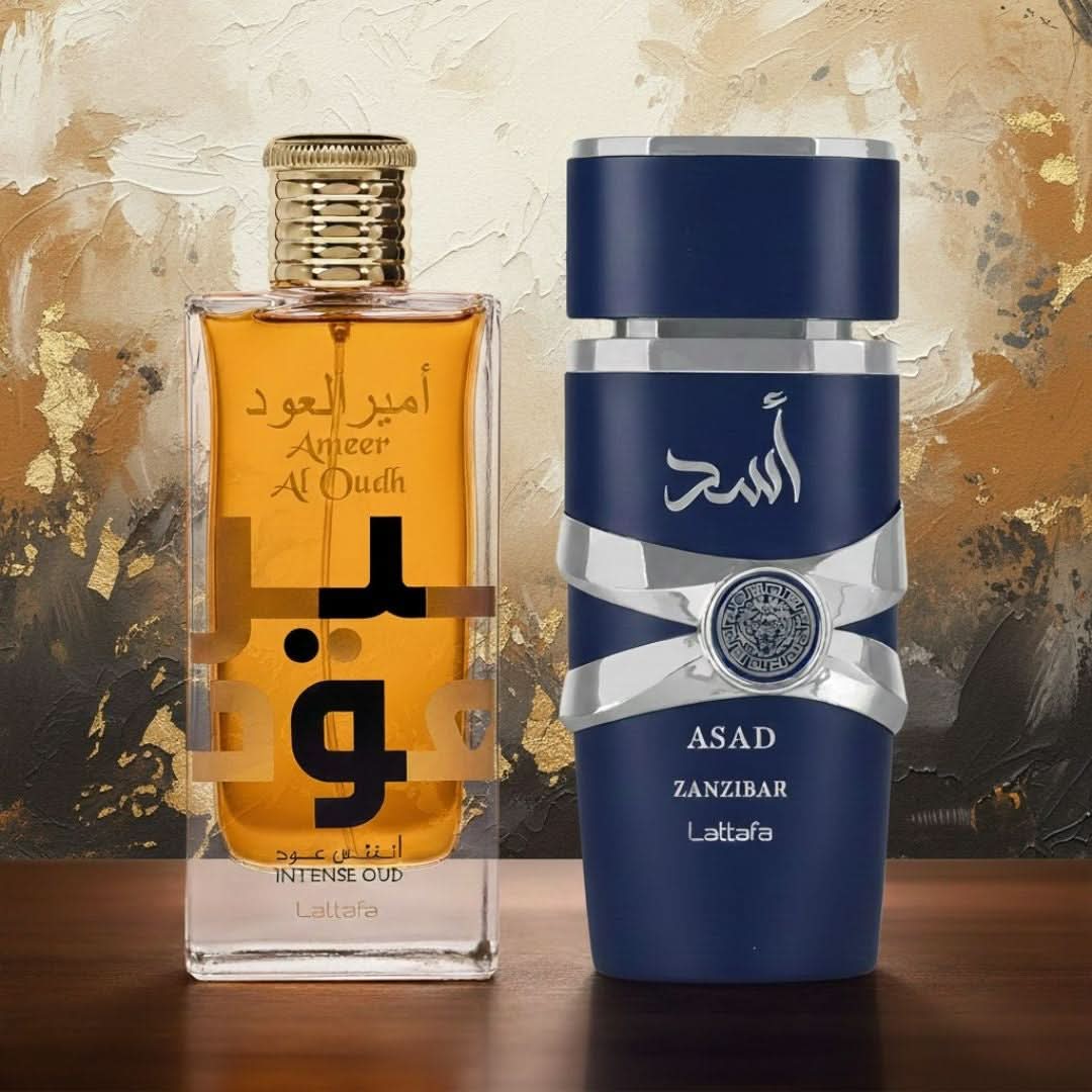 Bundle of two Lattafa Ameer Al Oudh Intense Oud and Asad Zanzibar Eau De Parfum sprays, 100ml bottles with elegant packaging.