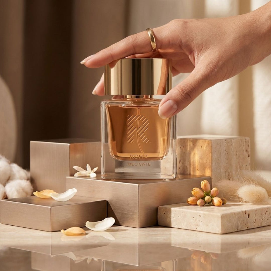 Rohit Delicate Eau de Parfum spray by Bharara, 100ml bottle, elegant packaging with a sleek design and floral accents.