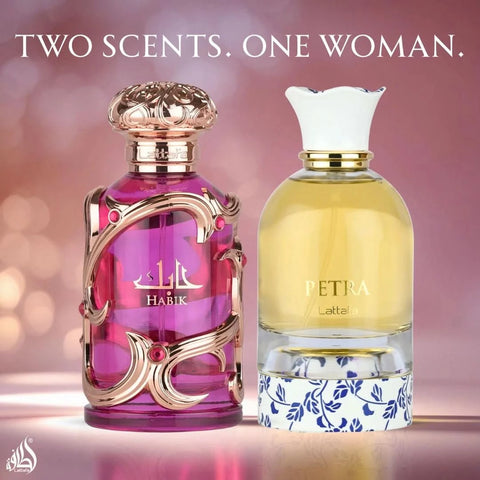 Lattafa Habik for Women and Petra Eau de Parfum sprays in 100ml bundle, featuring elegant bottles with floral and fruity accents.