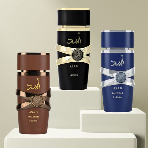 Lattafa Asad Zanzibar and Asad Bourbon Eau de Parfum sprays, 100ml bundle, featuring stylish bottles and elegant packaging.