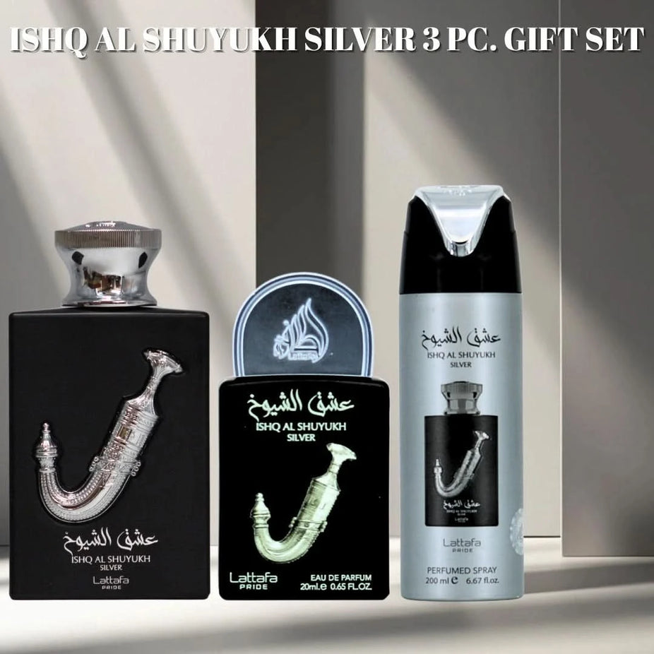 Lattafa Pride Ishq Al Shuyukh Silver 3-piece perfume gift set with silver bottles and elegant packaging.