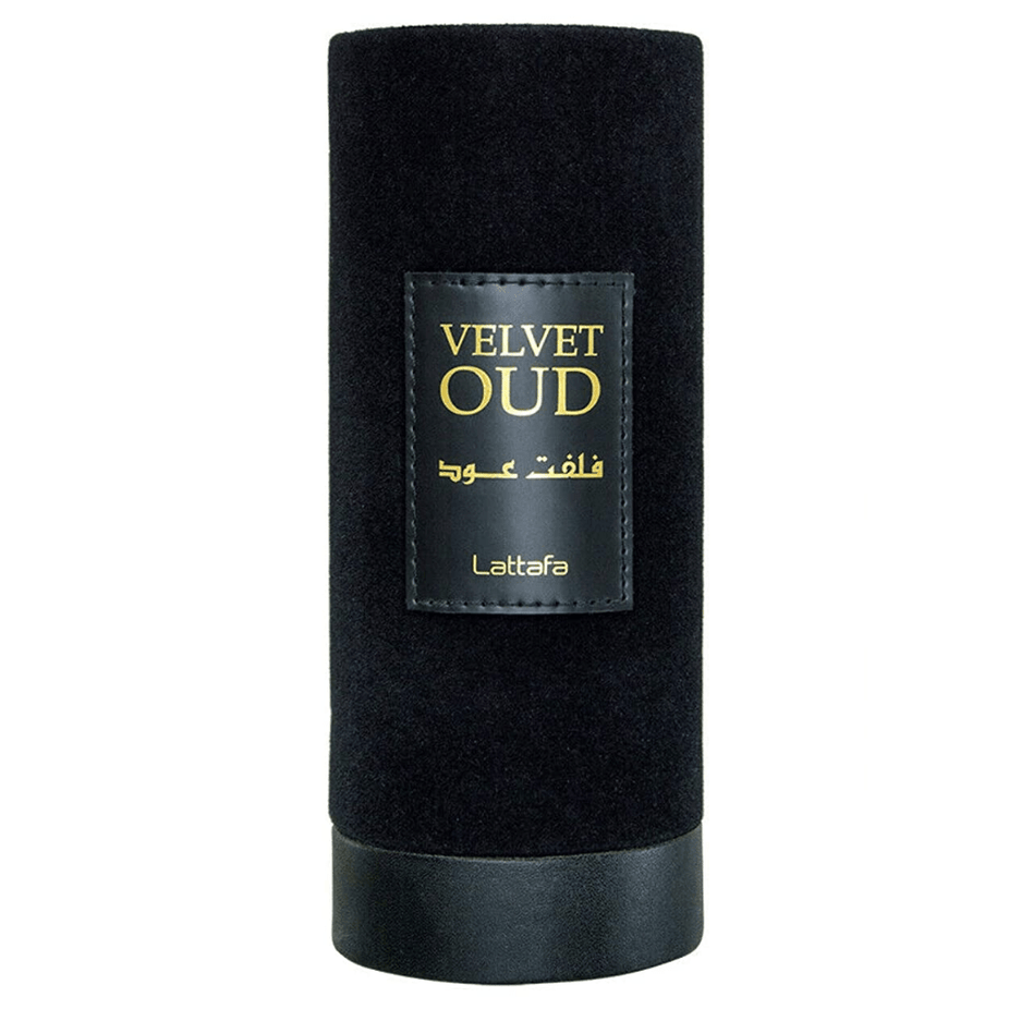 Velvet Oud Eau de Parfum by Lattafa, 100ML bottle with elegant packaging and velvet-textured design on the box.