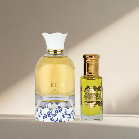 Petra Eau De Parfum Spray 100ml (3.4 oz) by Lattafa & Now Girl Perfume Oil 12ml (0.40 oz) by Intense Oud | Unleash Your Duality – Bold & Playful in One Bundle (Bundle) - Intense Oud