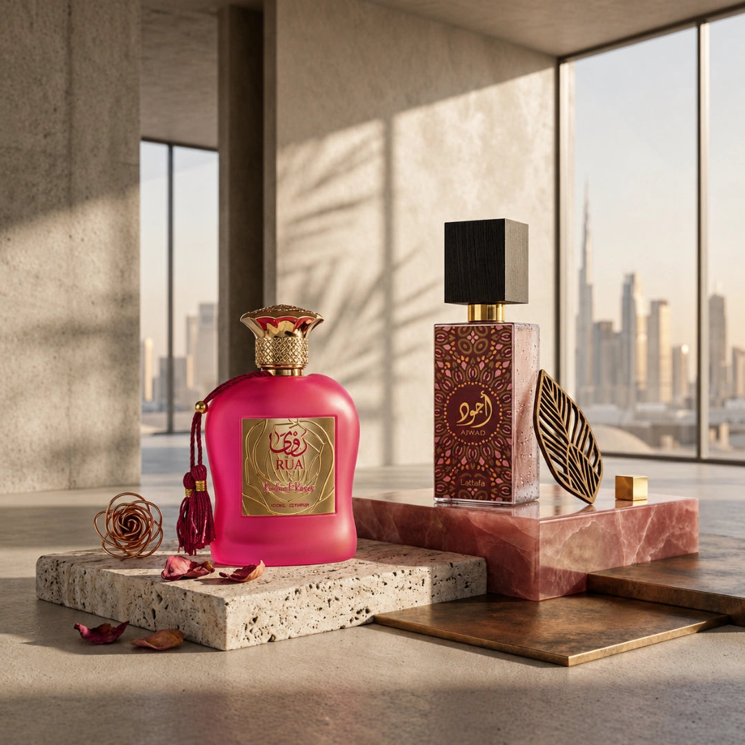 Bundle of Intense Oud Rua Radiant Roses Eau de Parfum 100ml and Ajwad Pink to Pink EDP 60ml, featuring floral and fruity scents.