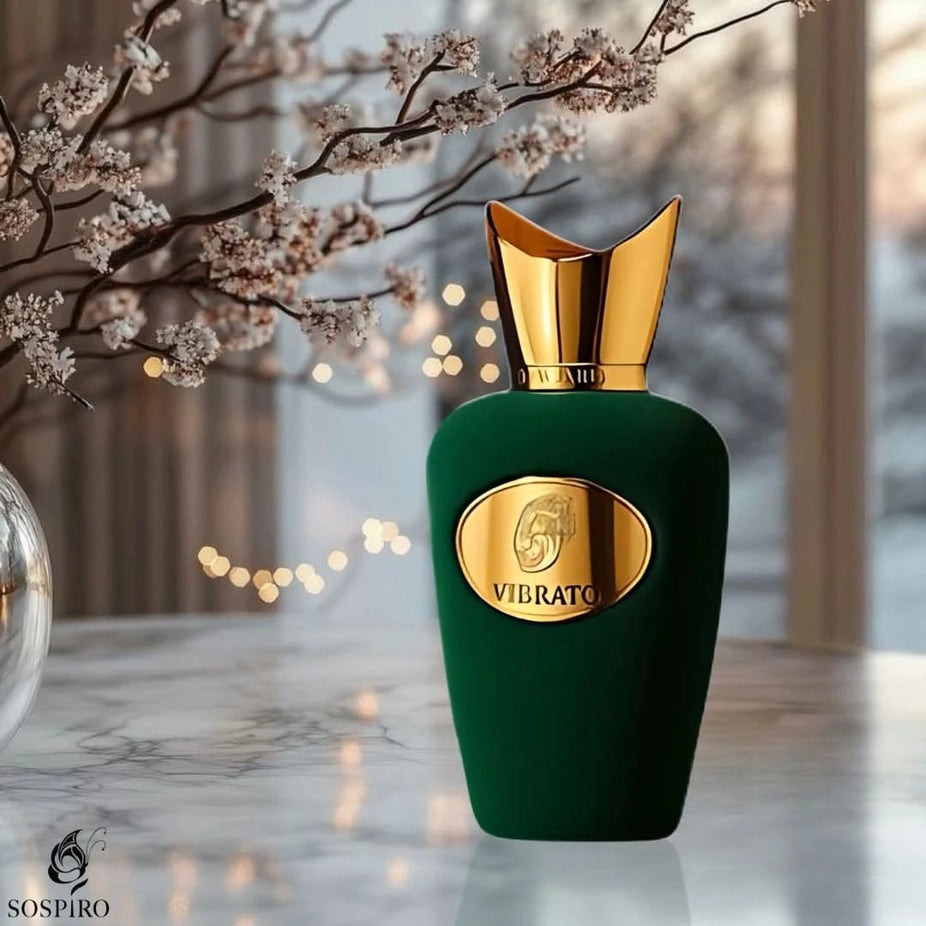 Sospiro Vibrato Eau De Parfum Spray 100ml bottle, elegant glass design, showcasing the luxurious fragrance packaging.