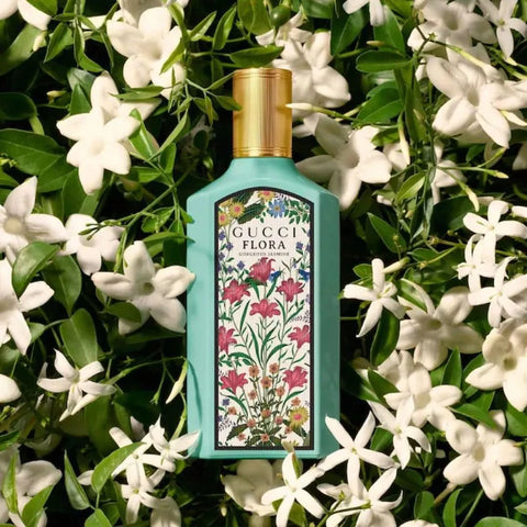 Gucci Flora Gorgeous Jasmine Eau de Parfum spray bottle, 100ml, featuring floral jasmine scent and elegant packaging.