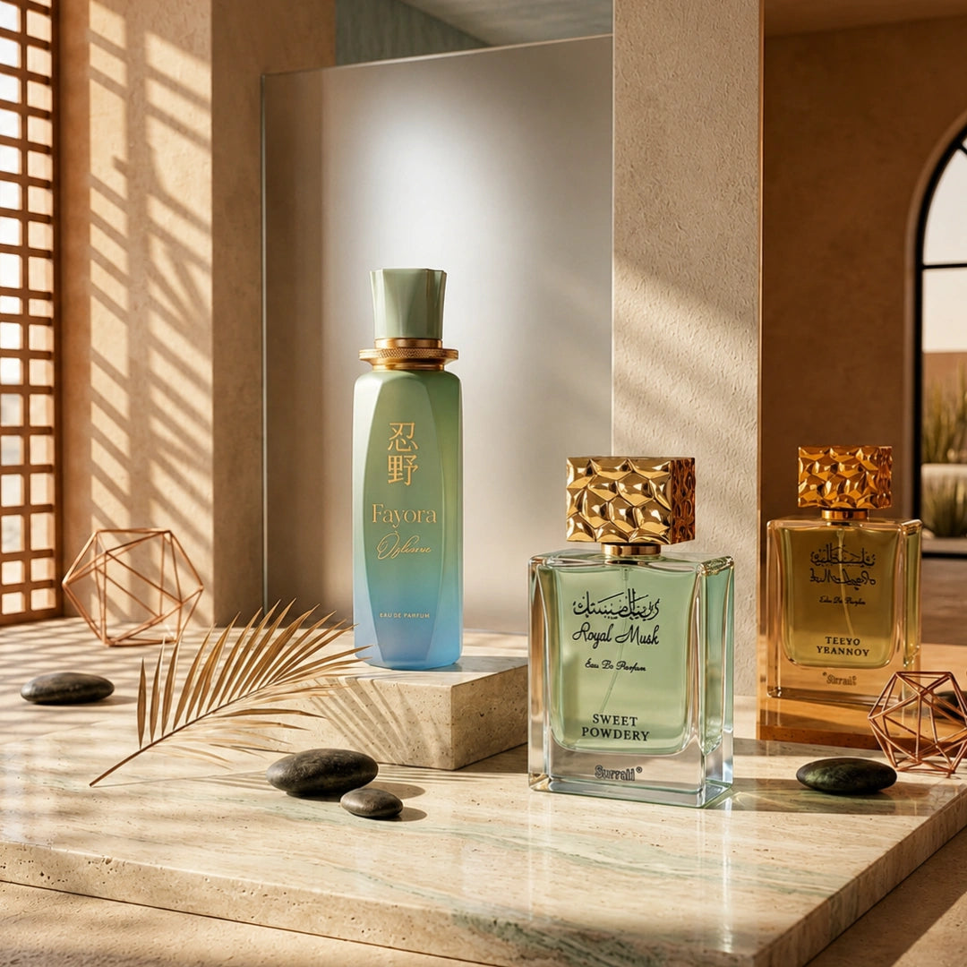 Fayora Oshino and Royal Musk Sweet Powdery Eau de Parfum spray bottles by Intense Oud, showcasing elegant packaging and design.