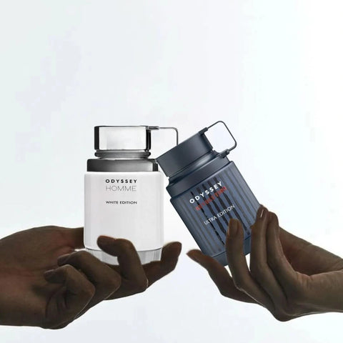 Bundle of two Armaf Odyssey Homme White and Odyssey Revolution Ultra Eau de Parfum sprays, 100ml bottles, featuring sleek white and black packaging.