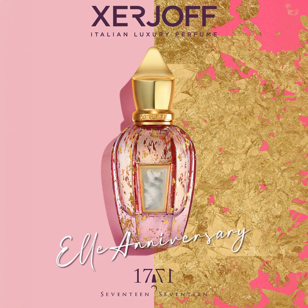Xerjoff Elle Anniversary Parfum Spray 50ml bottle with elegant packaging and a sleek, transparent glass design.