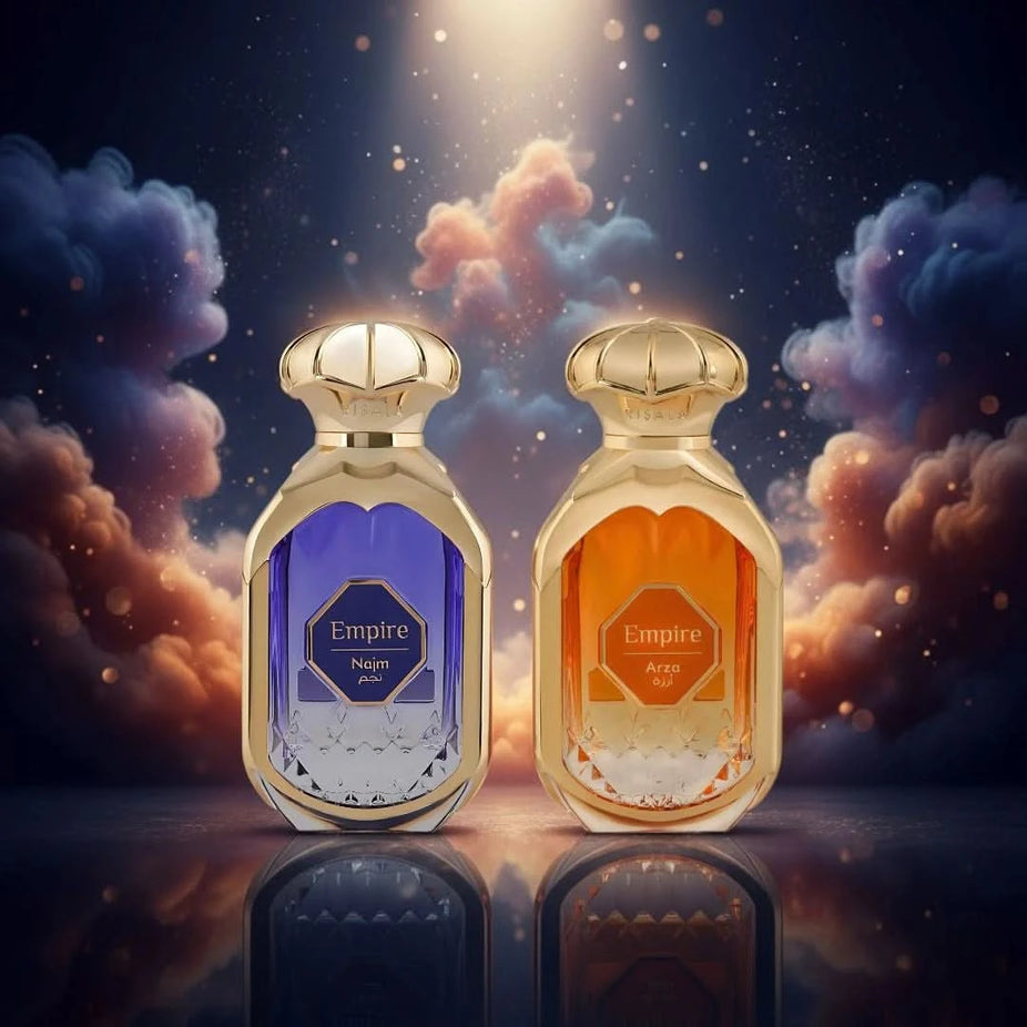 Elite Risala Empire Najm and Arza Eau de Parfum bundle with two 100ml spray bottles, featuring elegant perfume bottles and branding.