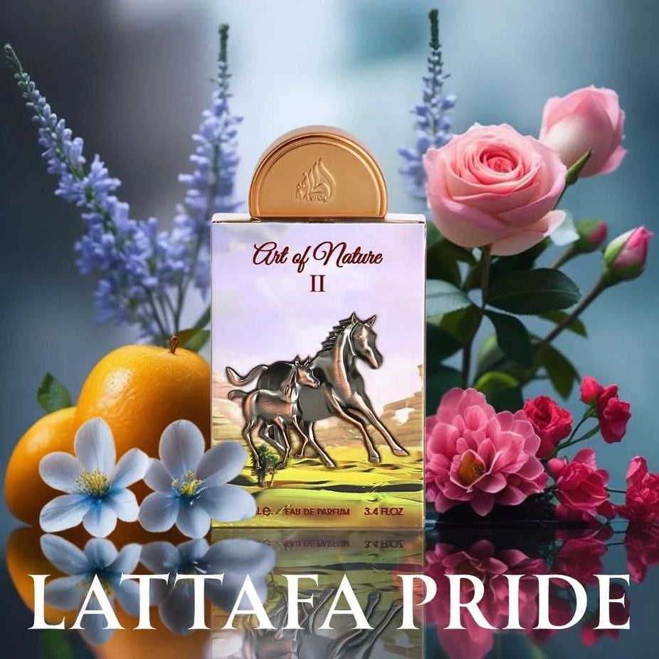 Lattafa Pride Art of Nature II Eau de Parfum spray 100ml bottle, elegant fragrance bottle with floral and herbal accents.