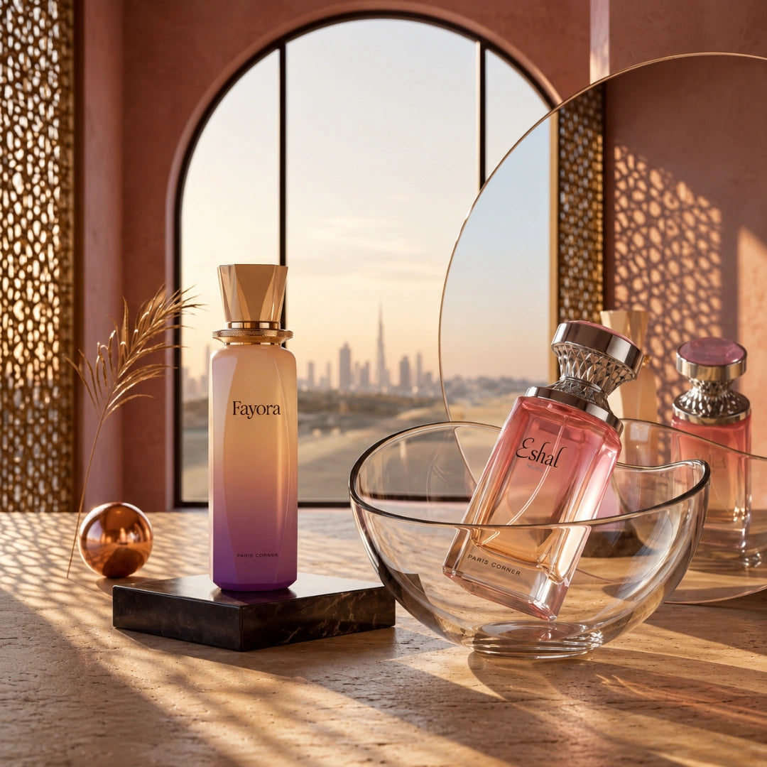 Bundle of Paris Corner Eshal Musk and Fayora Eau De Parfum sprays, 100ml each, featuring elegant bottles with floral and musk accents.