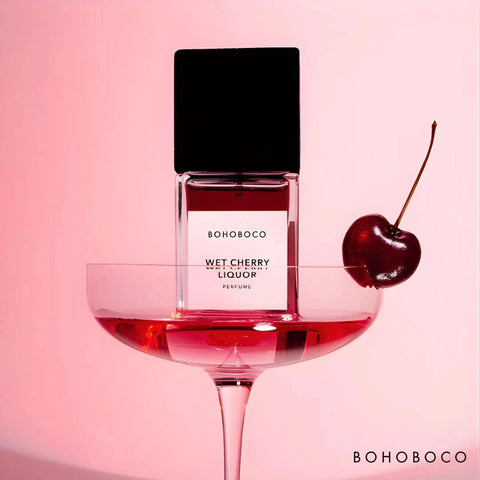 Bohoboco Wet Cherry Liquor Eau de Parfum spray 50ml with a sleek bottle and elegant design.