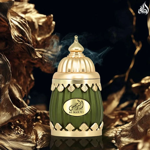 Lattafa Niche Emarati Al Narjis Eau De Parfum spray 100ml in a velvet pouch, featuring elegant perfume bottle and packaging.