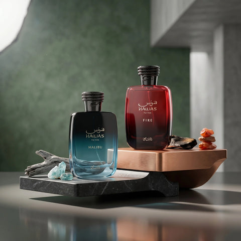 Bundle of Rasasi Hawas Malibu and Hawas Fire for Him Eau de Parfum sprays, 100ml bottles, featuring sleek fragrance bottles.