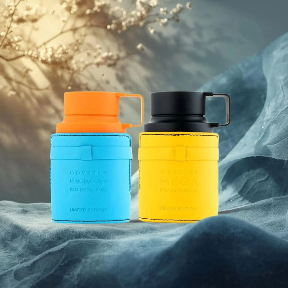Armaf Odyssey Mandarin Sky and Mega Man Eau de Parfum sprays in a 100ml bundle, featuring sleek bottles with vibrant labels.