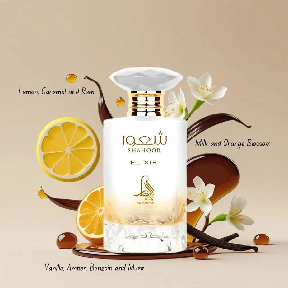 Al Absar Shahoor Intense, Elixir, and Platinum Eau de Parfum sprays in a 100ml bundle, showcasing elegant bottles with intricate designs.