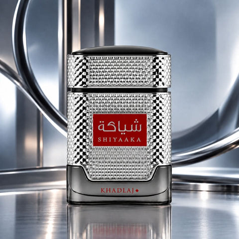 Shiyaaka Silver Eau de Parfum Spray 100ml by Khadlaj in a sleek silver bottle and box