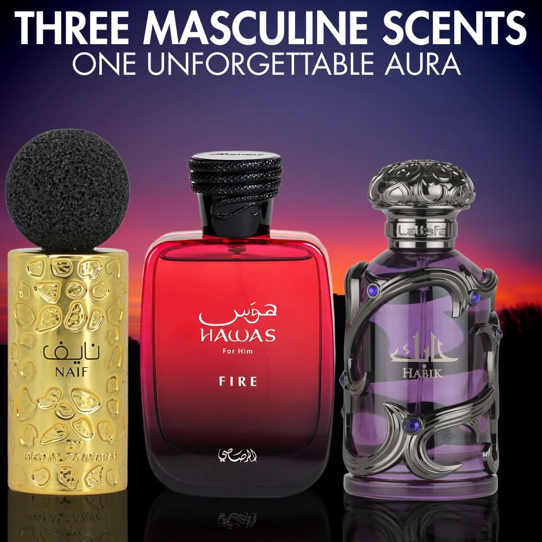 Bundle of three 100ml Intense Oud Eau de Parfum sprays featuring Hawas Fire by Rasasi, Habik Men by Lattafa, and Naif by Ard Al Zaafaran.