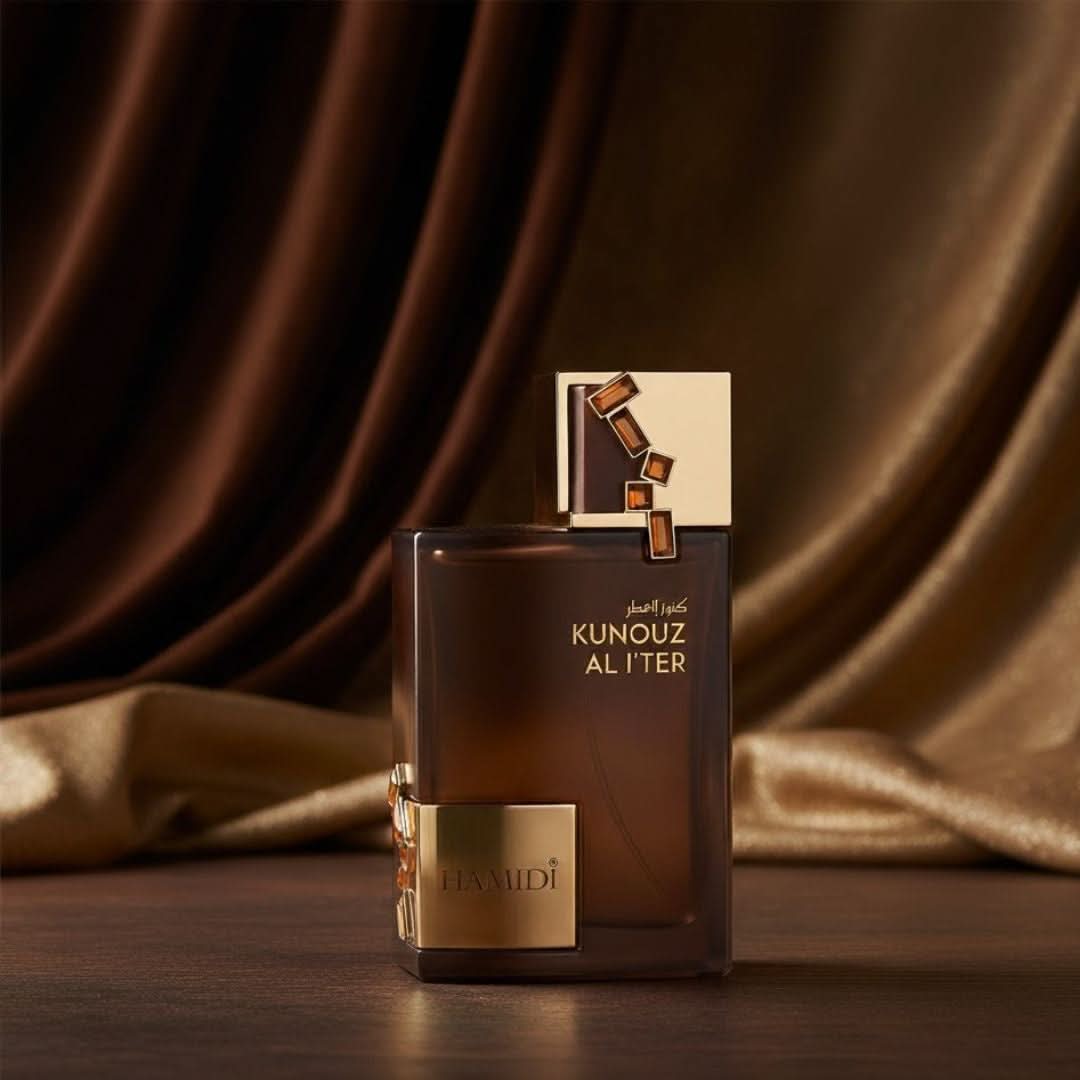 Hamidi Kunouz Al Iter Eau de Parfum spray 100ml bottle with elegant design and cap, showcasing the fragrance packaging.