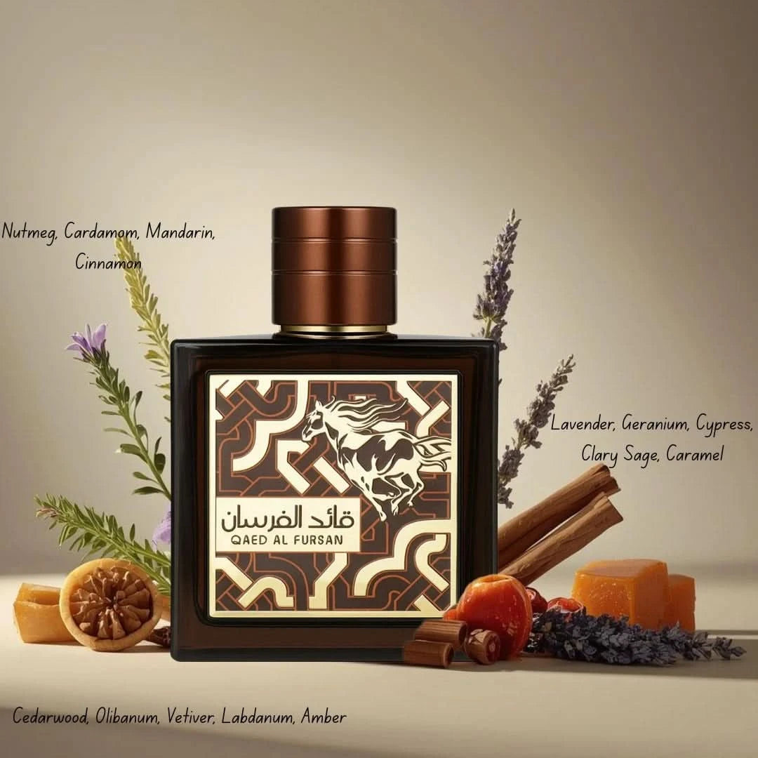 Qaed Al Fursan Untamed Eau de Parfum spray by Lattafa in a velvet pouch, 90ml bottle, featuring a luxurious fragrance.