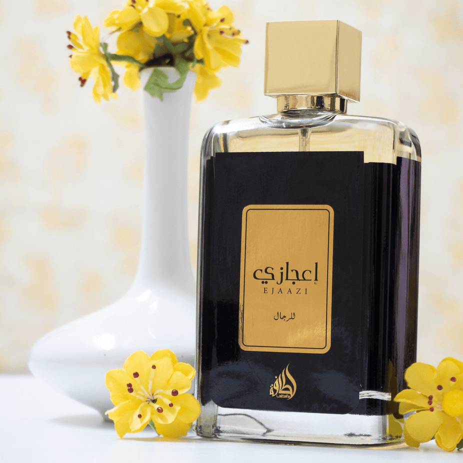 Lattafa Ejaazi Eau De Parfum spray 100ml bottle with elegant packaging and clear label, showcasing the luxurious fragrance.