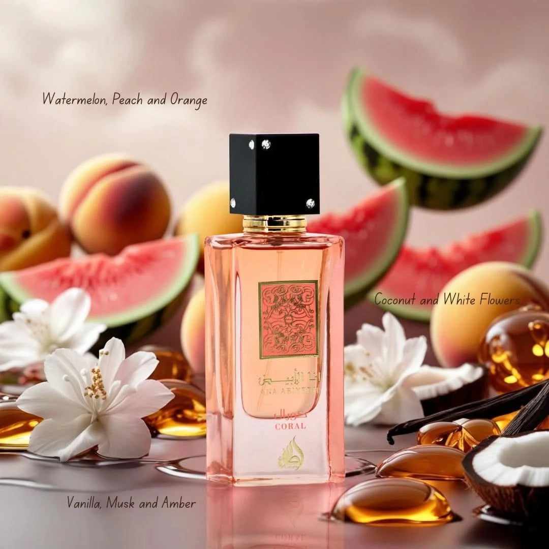 Lattafa Ana Abiyedh Coral Eau de Parfum spray in 60ml bottle with velvet pouch, featuring a vibrant coral fragrance design.