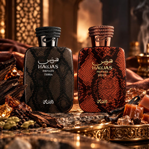 Hawas Private Terra & Dulce Extrait De Parfum Spray 100ml (3.38 oz) by Rasasi (Bundle)
