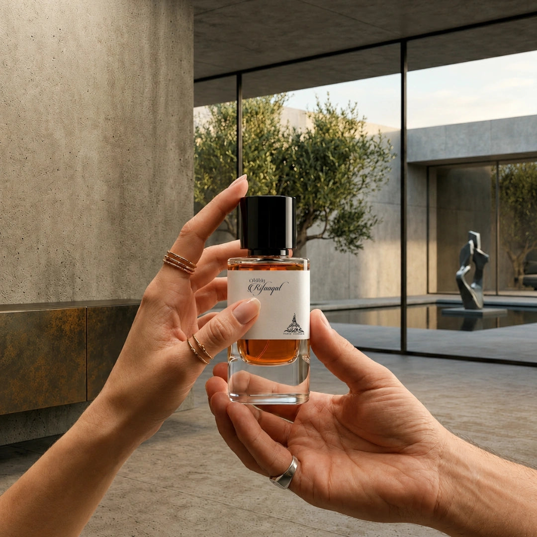 Rifaaqat Eau de Parfum spray by Paris Corner, 80ml bottle, elegant perfume bottle with a sleek design and decorative cap.