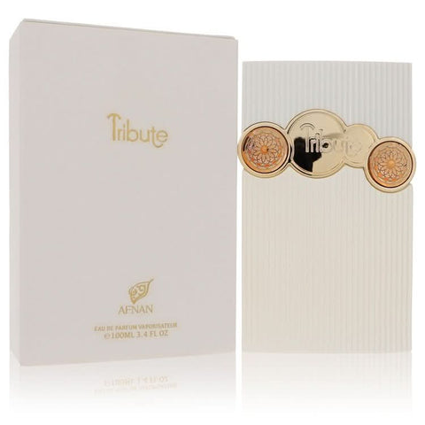 Afnan Tribute White Eau de Parfum spray bottle, 100ml, with sleek white design and elegant cap, showcasing the fragrance bottle.