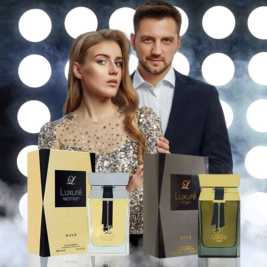 Luxure Men and Women Couple Set Eau De Parfum by RAVE, 100ml bottle, elegant packaging with the fragrance visible.