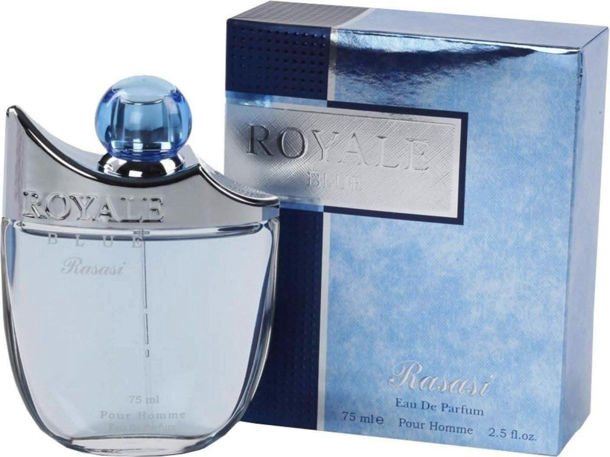 Rasasi Royale Blue for Men perfume EDP and deodorant bundle, 75ml and 200ml bottles, in a value pack.