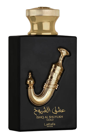 Lattafa Pride Ishq Al Shuyukh Gold Eau de Parfum spray in 100ml bottle, elegant design with velvet pouch visible in the image.