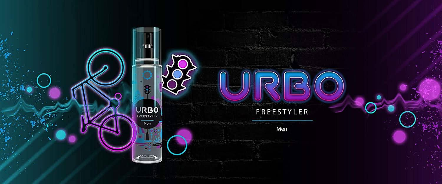 Urbo Freestyler men's body spray mist bottle, 150 mL (5 oz), sleek design with label visible, ideal for freshening up.