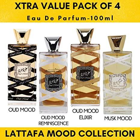 Lattafa Oud Mood, Elixir, Reminiscence & Musk Mood 100ml EDP bottle with elegant packaging and branding.